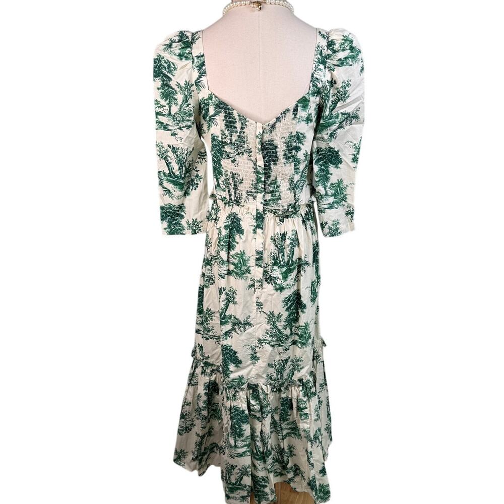 Cara Cara Blue Hill Toile Midi Dress Size 10 Green Botanical Cotton Garden Party - Picture 10 of 15